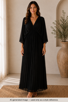 chiffon day dress Black Solid Pleated V-Neck Maxi Long Sleeve Dress Size L Wedding dress Xantolo Night Club Phoenix: RSH-01.20.26 keeping her light and Style:ES0106BDN