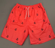 Swim Trunks Mens XL Orange Nautical Anchor Lined Elastic Waist Drawstring Pocket