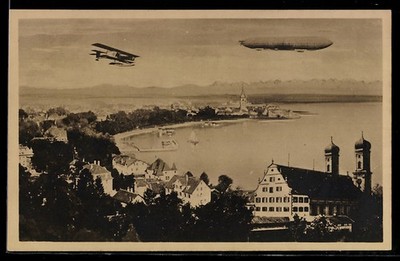 Zeppelin und Flugzeug über dem Bodensee, Ansichtskarte 