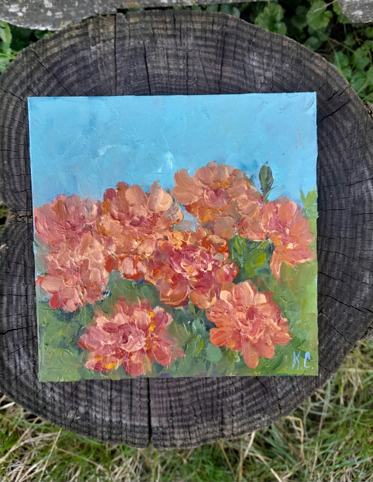marigold original oil painting, marigold small painting, flower oil painting