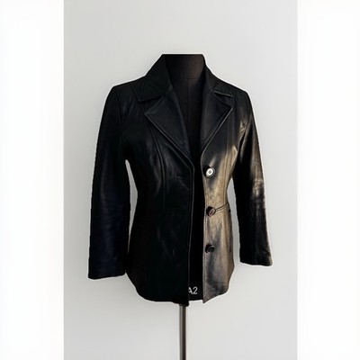 Pelle Studio Women s Leather Blazer Jacket Sz S Black 3-Button Y2K Garnet Lining