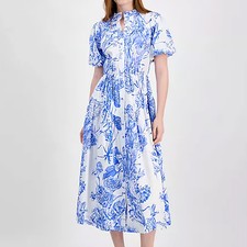 T Tahari Puff Sleeve Button Front Midi Floral Blue Dress Womens Size XL NWT