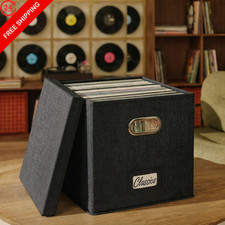 Decorative Vinyl Record Storage Box for 50 Single Records Box, Black