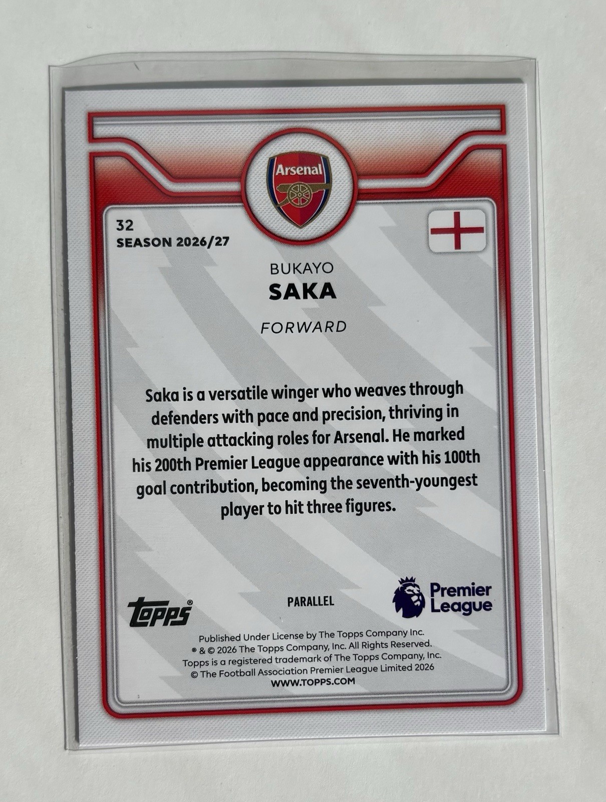 Bukayo Saka Arsenal 26/27 Topps Premier League - Purple Voltage Parallel view 2