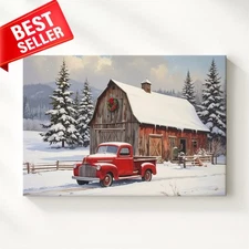 Canvas Rustic Winter Vintage Peaceful Barn Snowy Roof Red Pickup Scene Wall Art