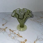 Fenton Hobnail Double Crimp Ruffled Vase Colonial Green, 3 1/4” Vintage 60s