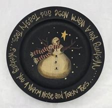 Folk Art Primitive Christmas Snowman Wooden Plate 8.75 Inch