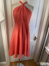 J CREW CORAL COTTON FIT & FLARE DRESS-OPEN BACK-ATTACHED RIBBON NECK TIE-SIZE14!
