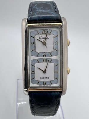Rare Vintage Seiko Lucent Tank Dual Time Mens Watch Rectangular