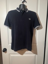 FRED PERRY Men  s Medium Slim Fit Short Sleeve Polo Navy with double White tips