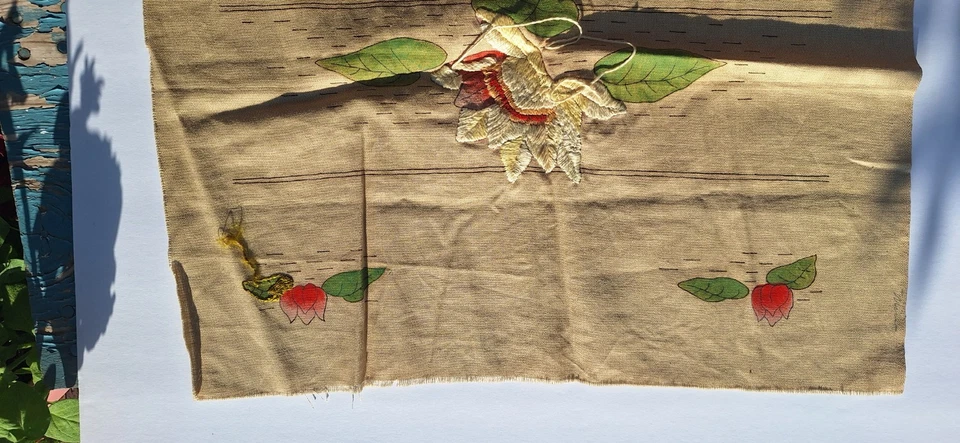 Tinted Stamped For Embroidery Waterlilly Scarf Vintage Linen Partially Completed - Image 2 of 4