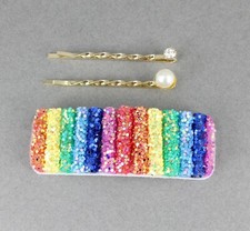 Rainbow striped snap barrette set pearl crystal gold bobby hair pins barrette