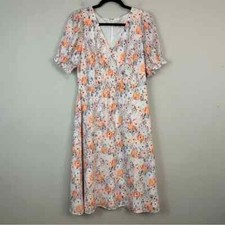 Loft White Colorful Floral V-Neck Midi Length A-Line Dress Size 6 Women's