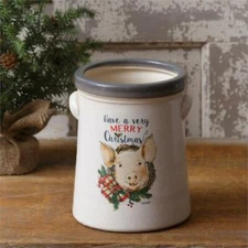 New Primitive Country Farmhouse Shabby Chic MERRY CHRISTMAS PIG CROCK Jug Jar 7"