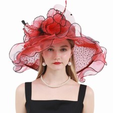 Red Organza Wedding Derby Dress Hat Kentucky Dots Hats Ladies Women Flowers Cap