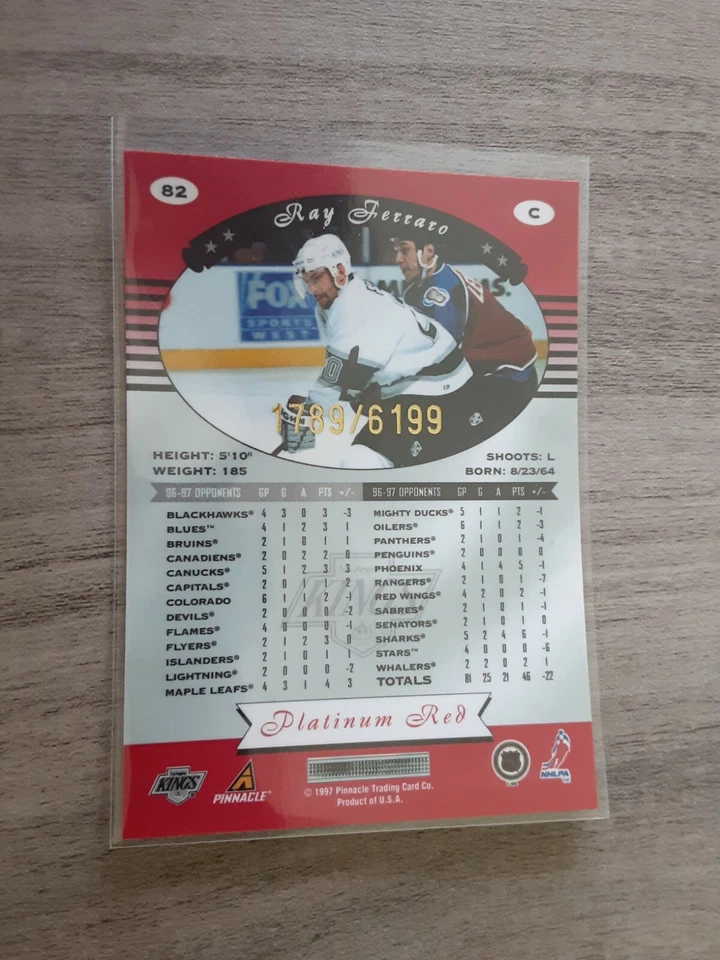1997-98 Pinnacle Totally Certified Ray Ferraro PLATINUM RED 1789/6199 #82 - Image 2 of 2