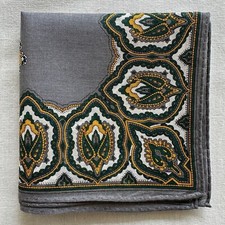 Vintage Handkerchief Border Green Damask Floral Pocket Square Gray Cotton 18"