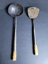VTG Hand Forged Metal Wok Tools W/Wood Rustic Primitive People's Republic China