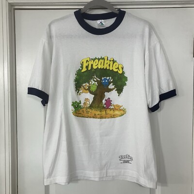 Vintage 1998 FREAKIES Ringer T Shirt Adult Size Large Ralston Cereal White EUC!