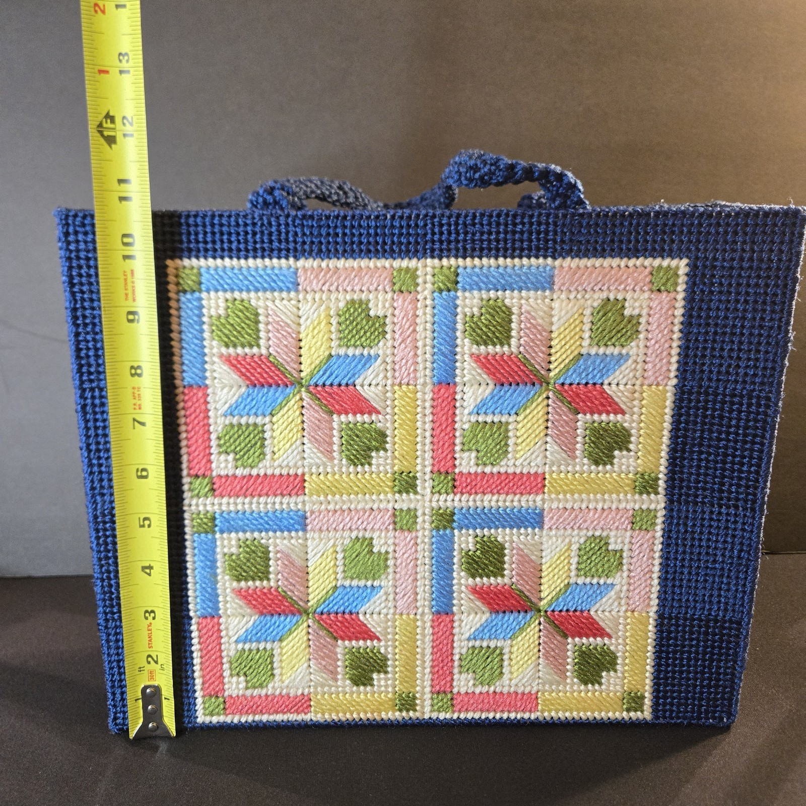 Vintage Needlepoint Patchwork Blue Tote Grannycor… - image 7