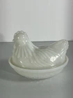 Vintage White Milk Glass Chicken Hen on a Nest Candy Dish Covered Dish Small