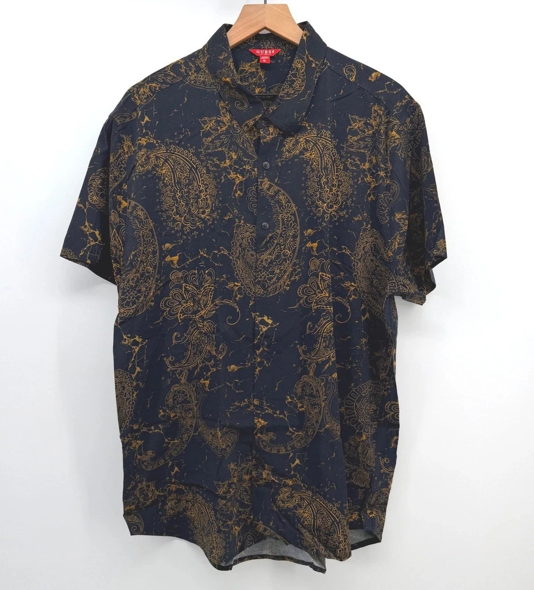 Camisa Guess LA Para Hombres XL Negra Dorada Cachemira Viscosa Elastizada Manga Corta Moderna