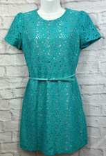 Oasis Teal A-Line Dress Fits Size 8 Blue Floral Lace Overlay Belt Short Sleeve