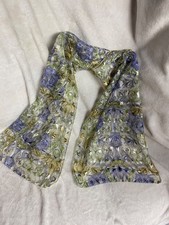 Vintage Sheer Blue Flowers Shiny Tones Scarf 49"x13"