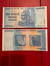 2 X Authentic Zimbabwe 100 Trillion Dollars, CIRCULATED Currency, AA/2008, P-91