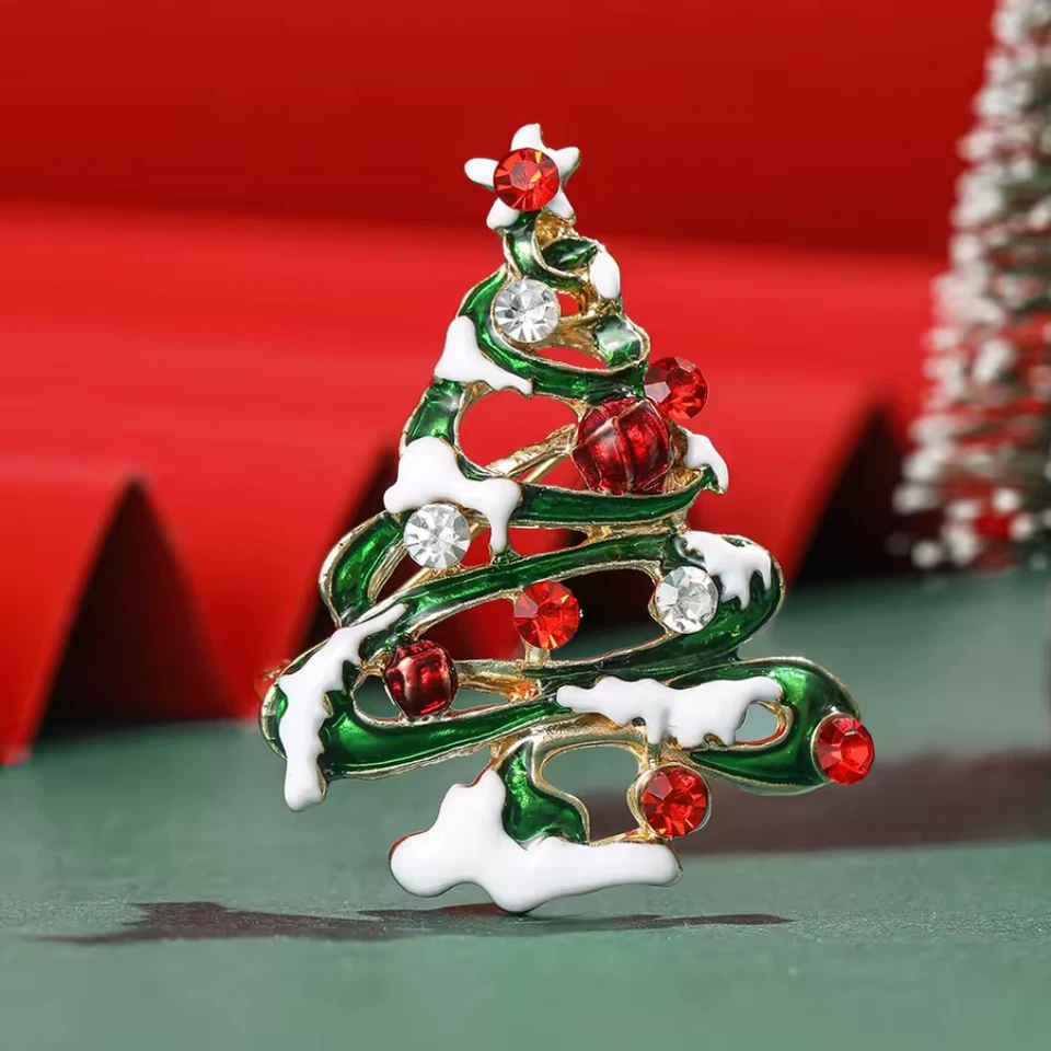 Broche prendedor de árbol de Navidad esmaltado con diamantes de imitación, oro vacaciones invierno joyería regalo Foto 3 de 4