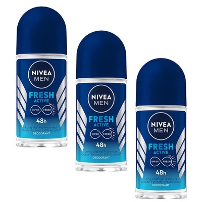 NIVEA MEN Fresh Active Roll-On 50ml x 3 | 72H Deo | 0% Alcohol | Ocean Freshness