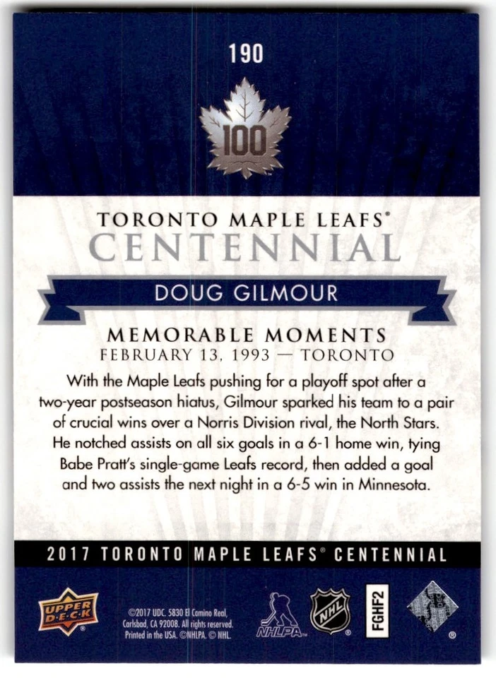 Doug Gilmour 2017-18 Upper Deck Toronto Maple Leafs Centennial SP #190 - Image 2 of 2
