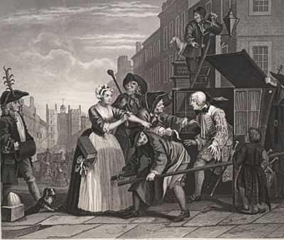 Der Fortschritt des Rechen wegen Schulden verhaftet von William Hogarth - Druck um 1880
