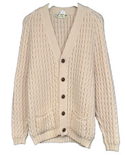 Vintage Cream Cardigan Fisherman's Trag Cable Knit 100 Wool Sweater Ireland
