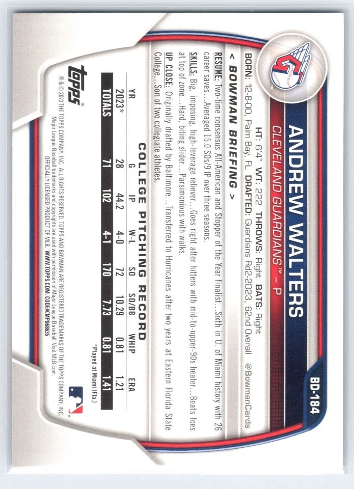 2023 Bowman Draft Aqua & Pink Gradient /199 Andrew Walters #BD-184 - Image 2 of 3