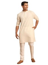 VASTRAMAY Men's Cotton Solid Cream Short Kurta With Pant Style Pyjama