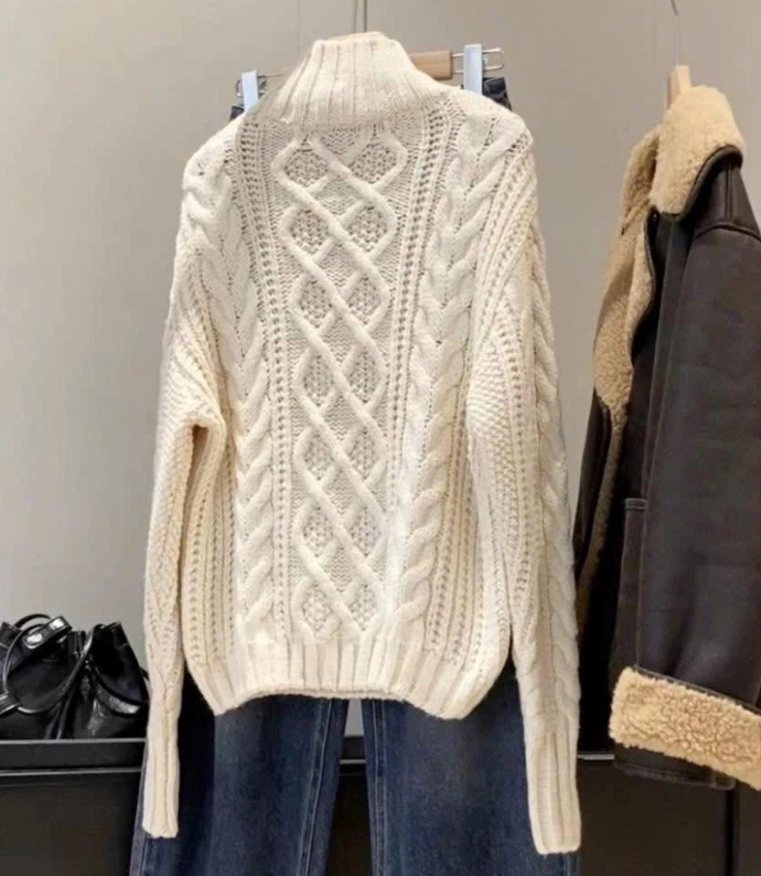 Zara Ecru Chunky Cable Aran Wool Knit High Neck Ribbed Braided Sweater Jumper M