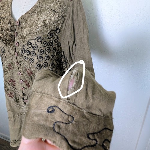 Boho Patchwork Velvet Embroidered Top Lagenlook Artsy Button Front Rayon Blouse - Picture 11 of 11