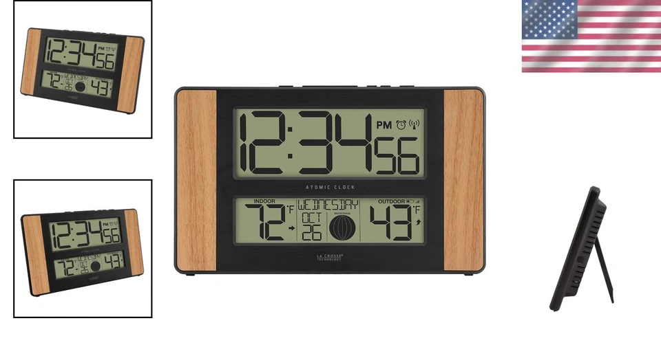 Digital Atomic Clock Weather Station Indoor Outdoor Temperature Modern Wood Oak - Image 2 of 4