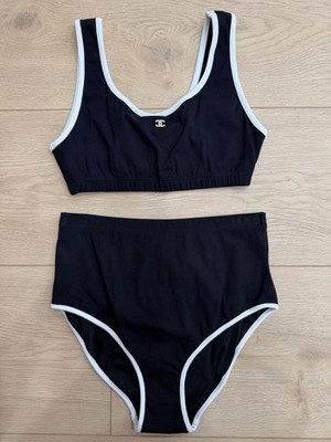 Chanel 22S Black White Crystal CC Logo Bikini Two Piece Swimsuit