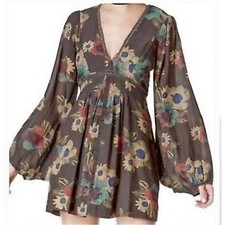 Free People Brown Floral Strawberry Fields Swing Long-Sleeve Mini Dress- XS