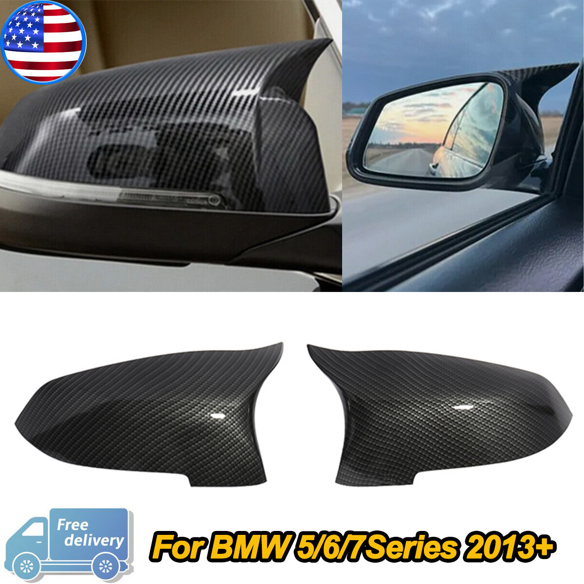2x Carbon Look Door Side Mirror Cover For 13+ BMW 6/7 Series F01 F02 F06 F12 F13