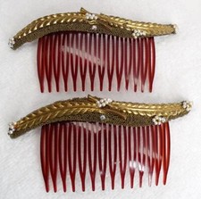 Pair Antique Gold Microbead, Faux Pearl, Repousse Goldtone Feather Hair Combs