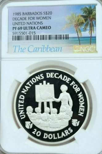 1985 BARBADOS SILVER 20 DOLLARS DECADE FOR WOMEN NGC PF 69 ULTRA CAMEO TOP POP