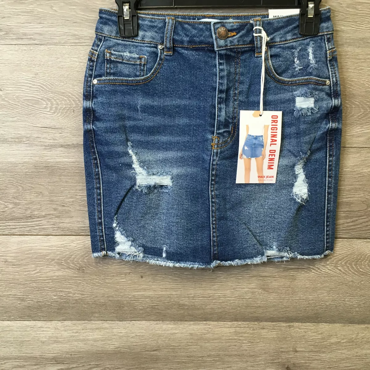 Mid length clearance distressed denim skirt