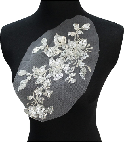 Embroidery Sequin Lace Applique Sewing Flower Fabric Collar Patch for Wedding Go - Picture 2 of 6