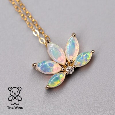 Lotus Seerose Australischer Opal Diamant Collier 14K Gelbgold Blume