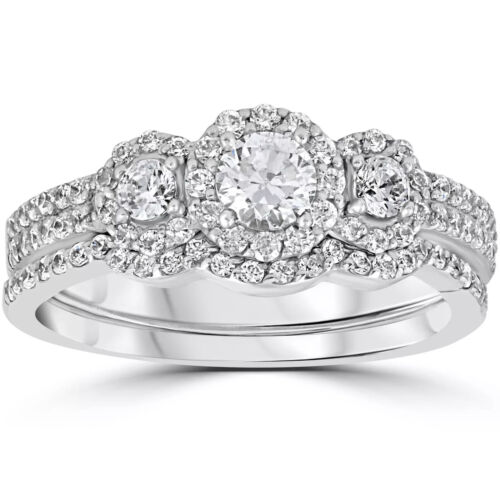 1.25CT 3-Stone Lab Grown Diamond Engagement Wedding Ring Set 14K White Gold