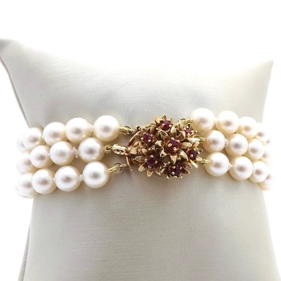 14K Gold Akoya Pearl Ruby Triple Strand 