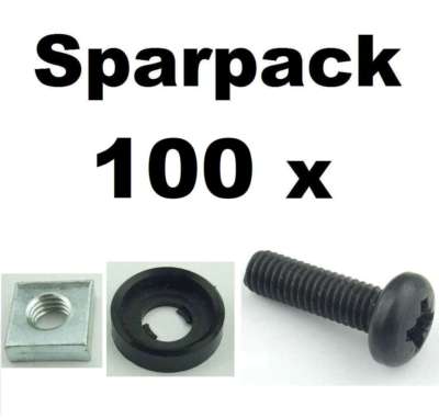 100x Rackschraube M6x20, Unterlegscheibe mit Rand, Vierkant Rackmutter Adam Hall